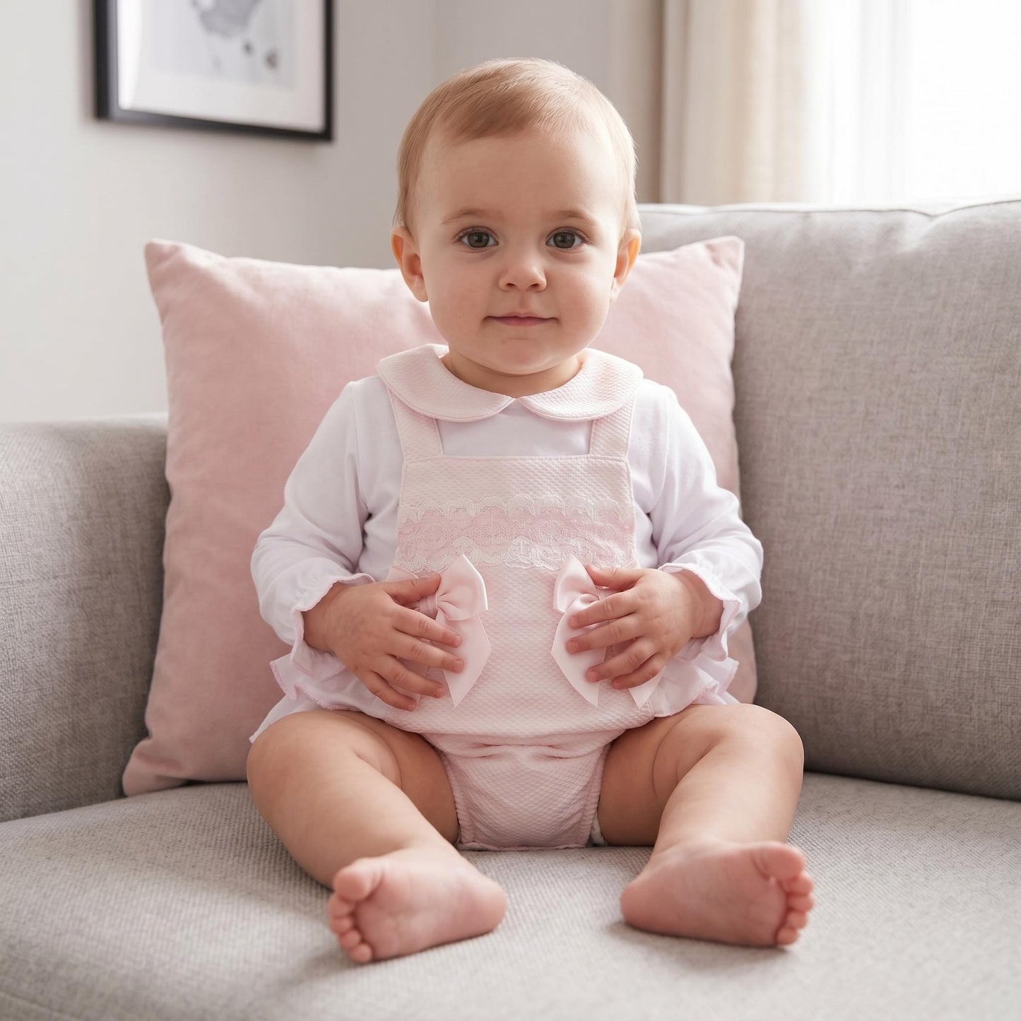 Baby Girls Pink Waffle Frilly Bottom Romper With Shirt