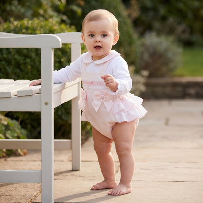 Baby Girls Pink Waffle Frilly Bottom Romper With Shirt