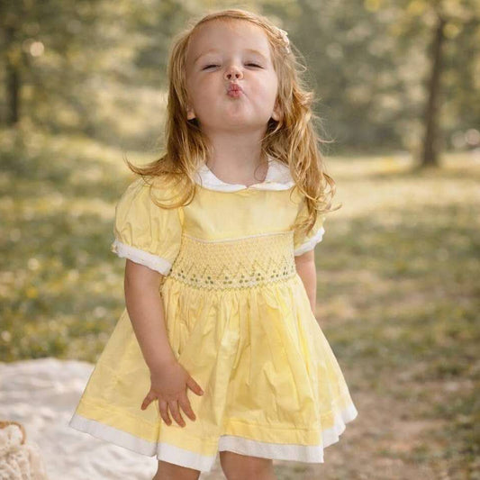Baby Girls Yellow Cotton Hand Smocked Puff Ball Dress