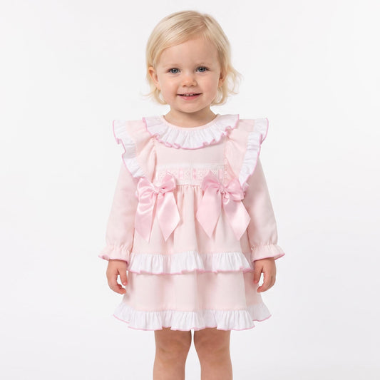 Baby Girls Pale Pink Ruffle Dress with Double Bows