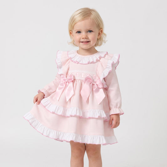 Baby Girls Pale Pink Ruffle Dress with Double Bows