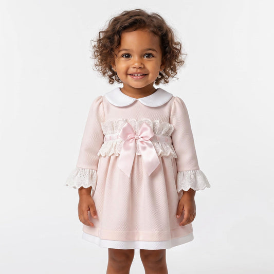 Baby Girls Pale Pink Broderie Waist Dress with Bow