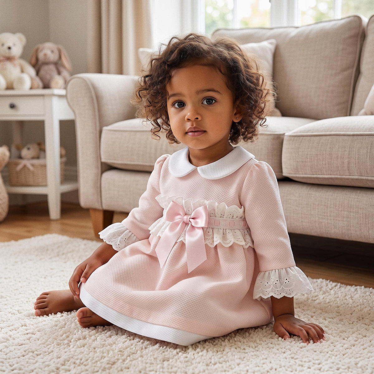 Baby Girls Pale Pink Broderie Waist Dress with Bow