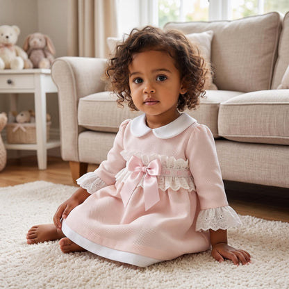 Baby Girls Pale Pink Broderie Waist Dress with Bow