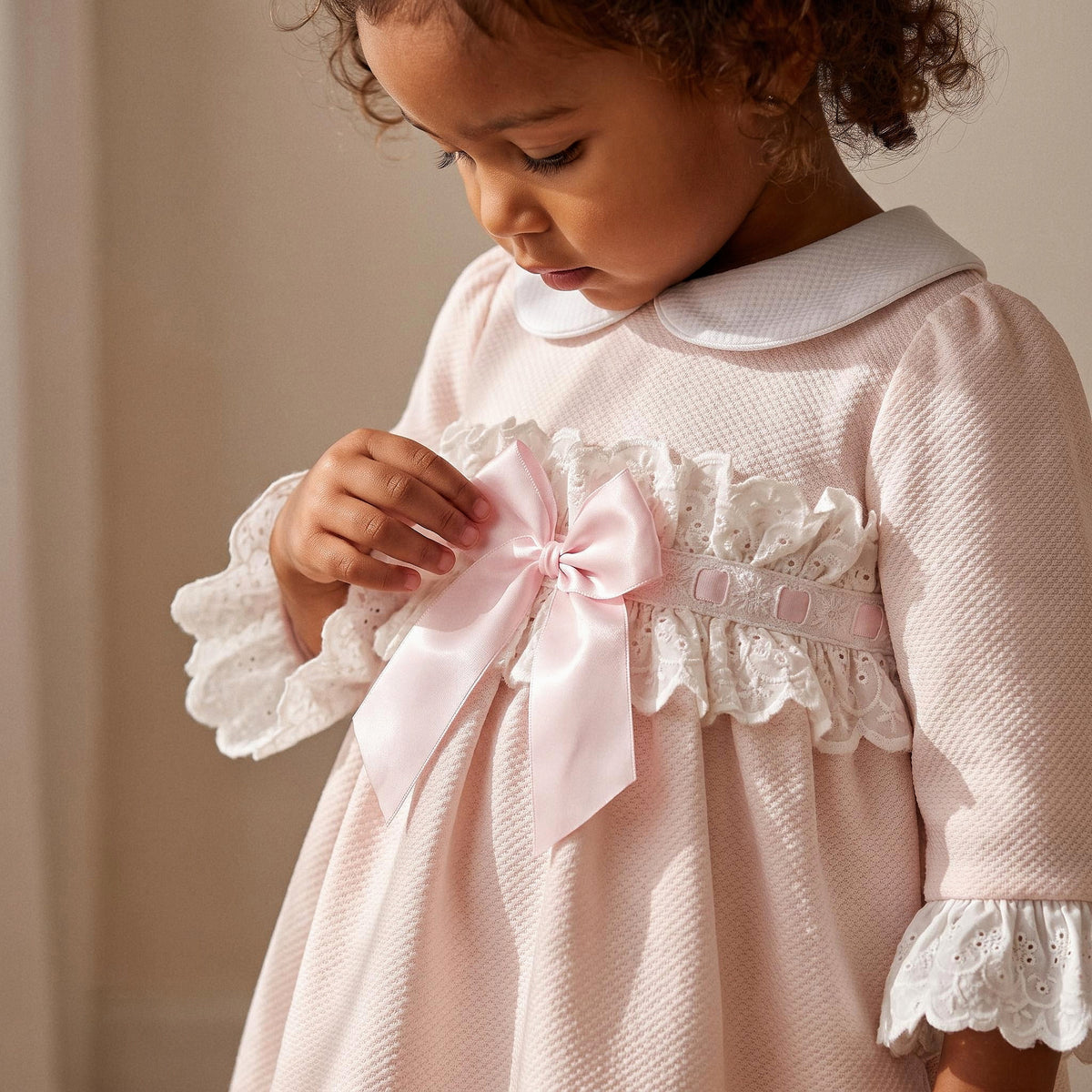 Baby Girls Pale Pink Broderie Waist Dress with Bow