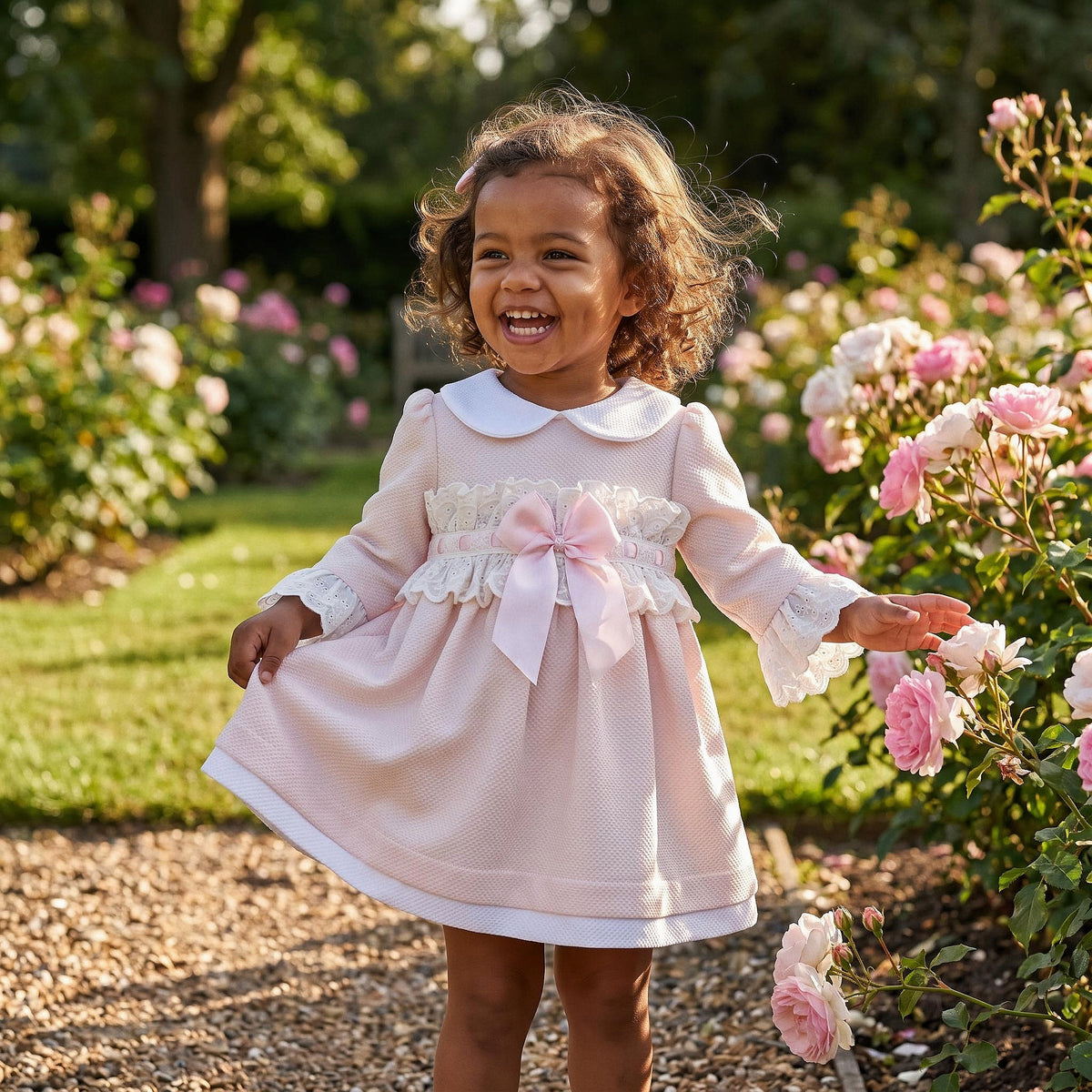 Baby Girls Pale Pink Broderie Waist Dress with Bow