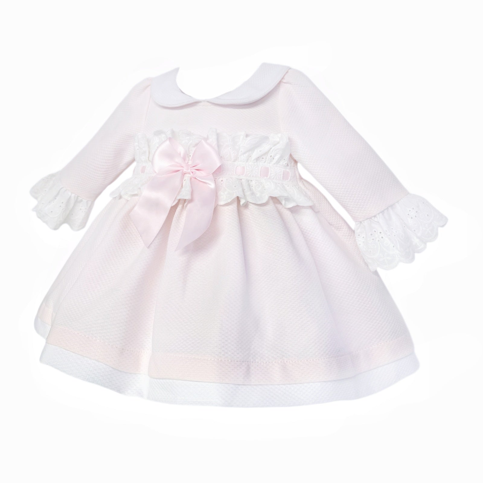 Baby Girls Pale Pink Broderie Waist Dress with Bow, alternate view 1