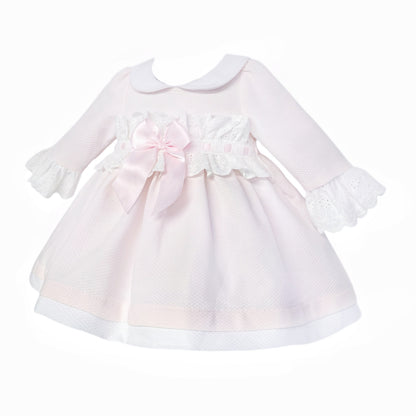 Baby Girls Pale Pink Broderie Waist Dress with Bow, alternate view 1