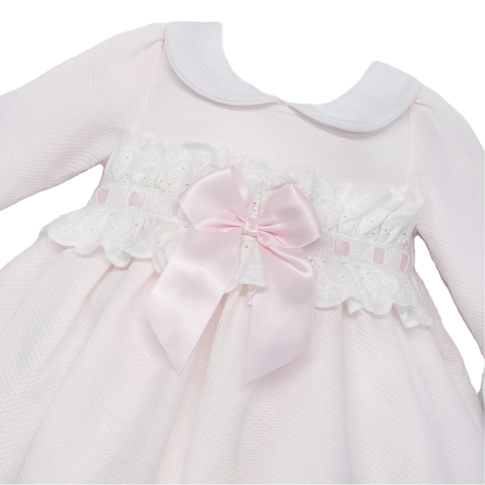 Baby Girls Pale Pink Broderie Waist Dress with Bow, detail view