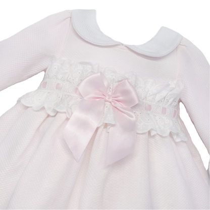 Baby Girls Pale Pink Broderie Waist Dress with Bow, detail view