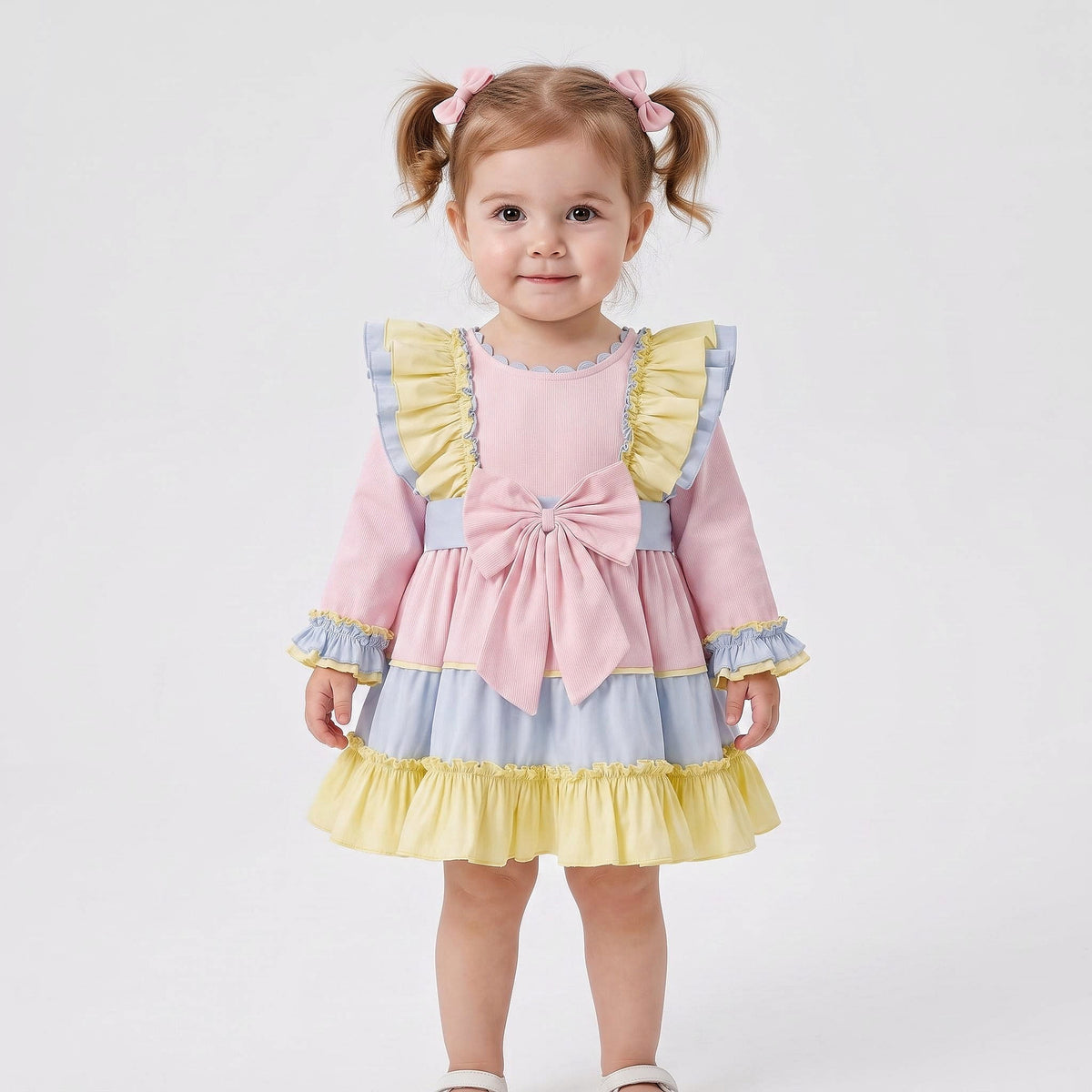 Baby Girls Pink Blue and Yellow Ruffle Dress