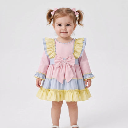 Baby Girls Pink Blue and Yellow Ruffle Dress
