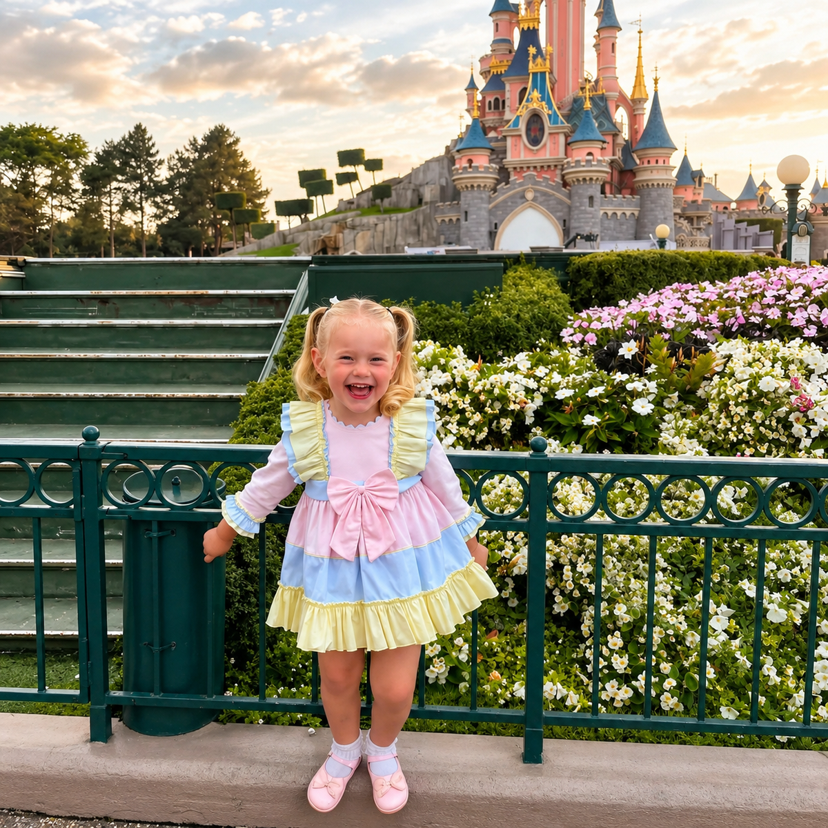 Baby Girls Pink Blue and Yellow Ruffle Dress