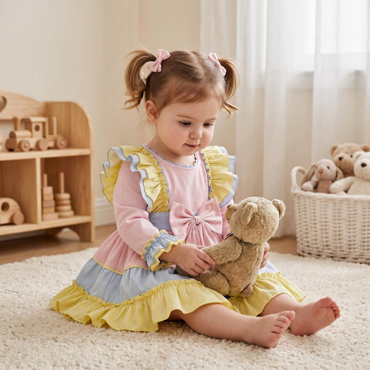 Baby Girls Pink Blue and Yellow Ruffle Dress