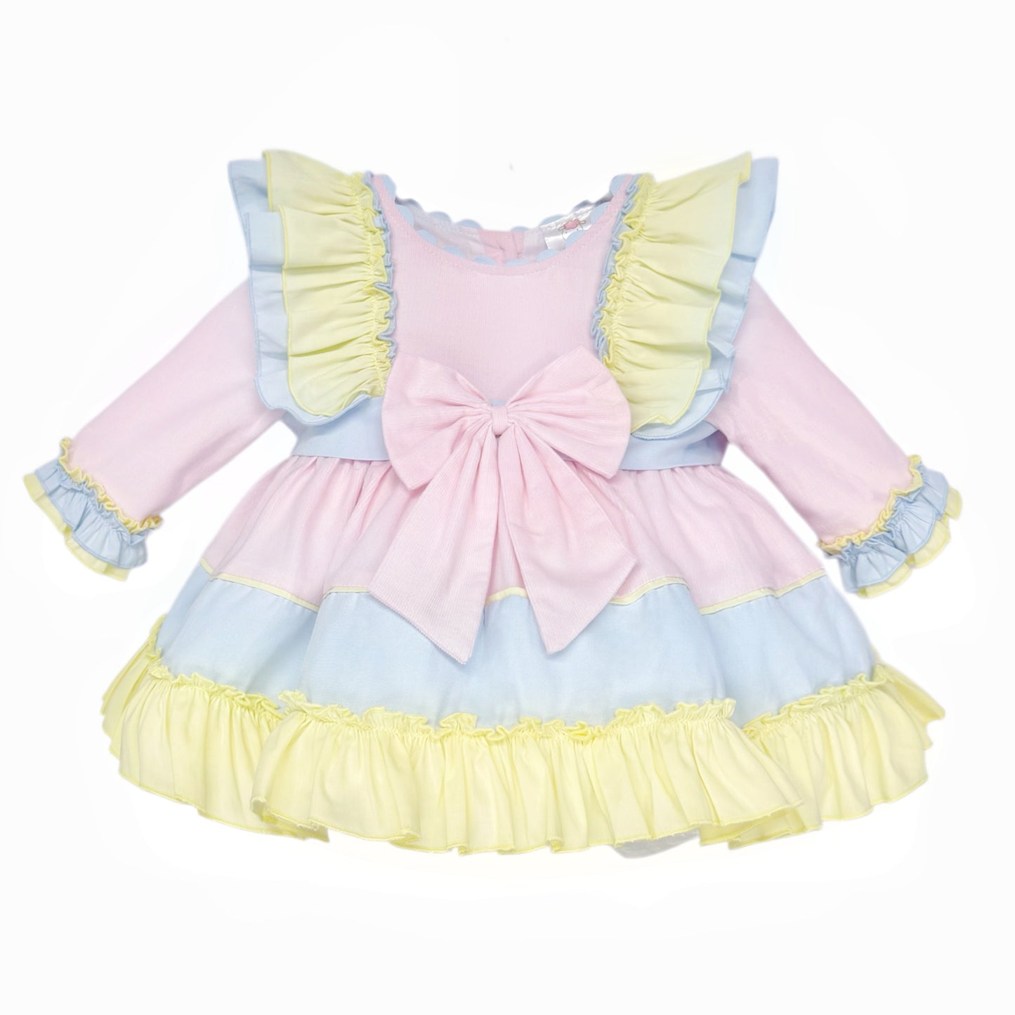 Baby Girls Pink Blue and Yellow Ruffle Dress
