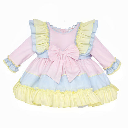 Baby Girls Pink Blue and Yellow Ruffle Dress
