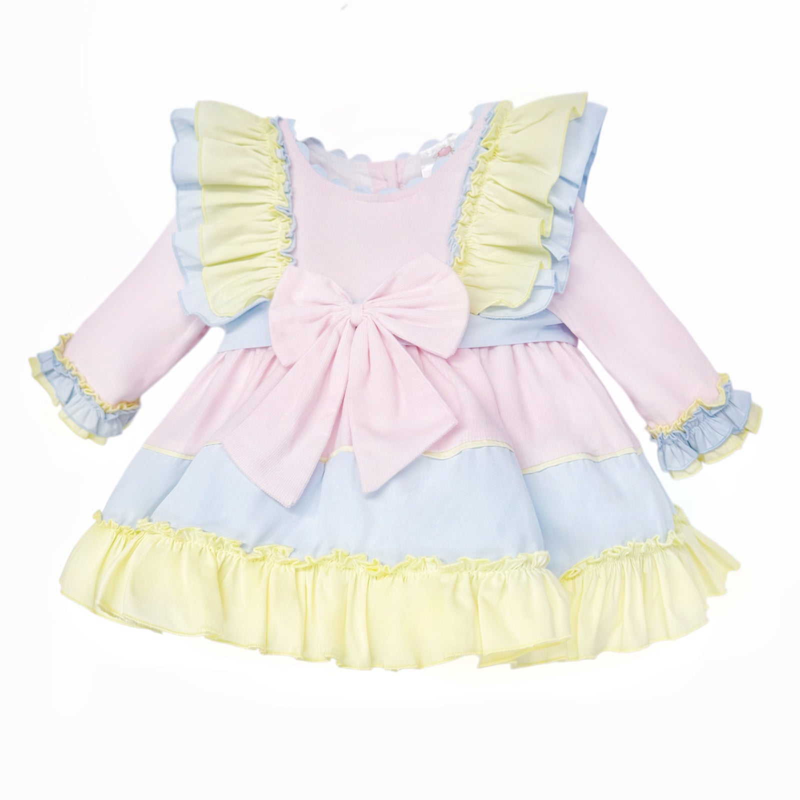 Baby Girls Pink Blue and Yellow Ruffle Dress, alternate view 1