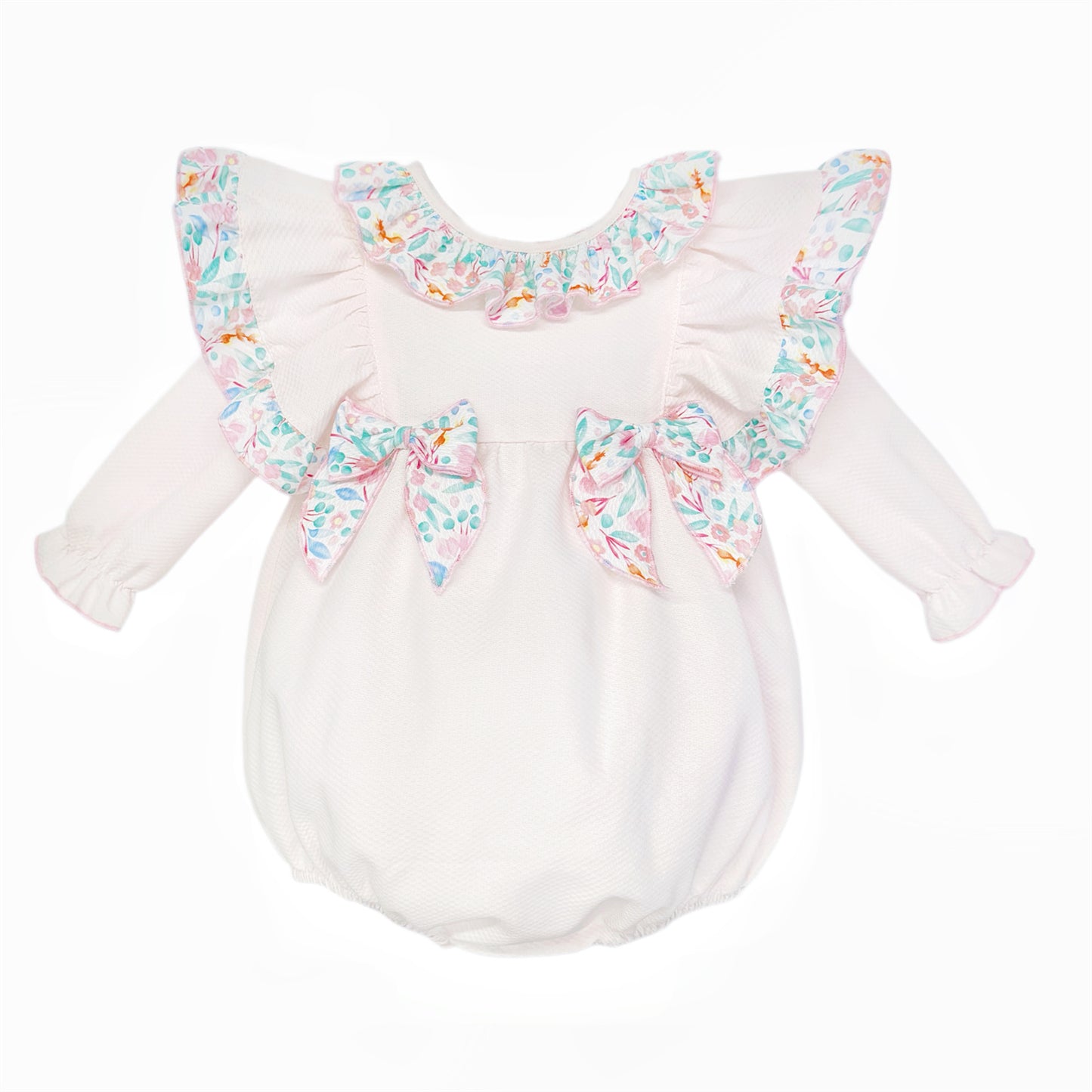 Baby Girls Pale Pink Floral Ruffle Romper with Bows