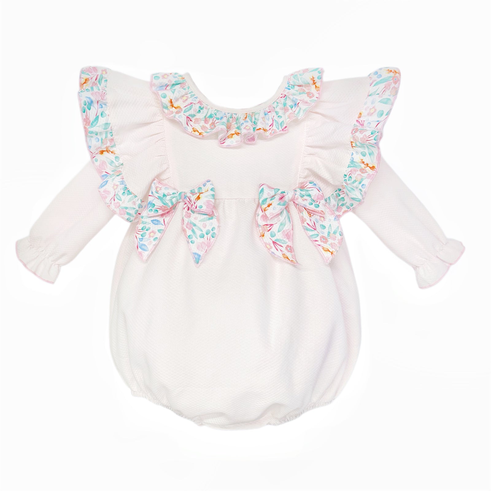 Baby Girls Pale Pink Floral Ruffle Romper with Bows