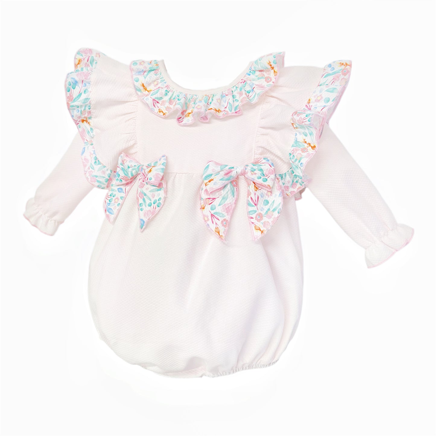 Baby Girls Pale Pink Floral Ruffle Romper with Bows, alternate view 1