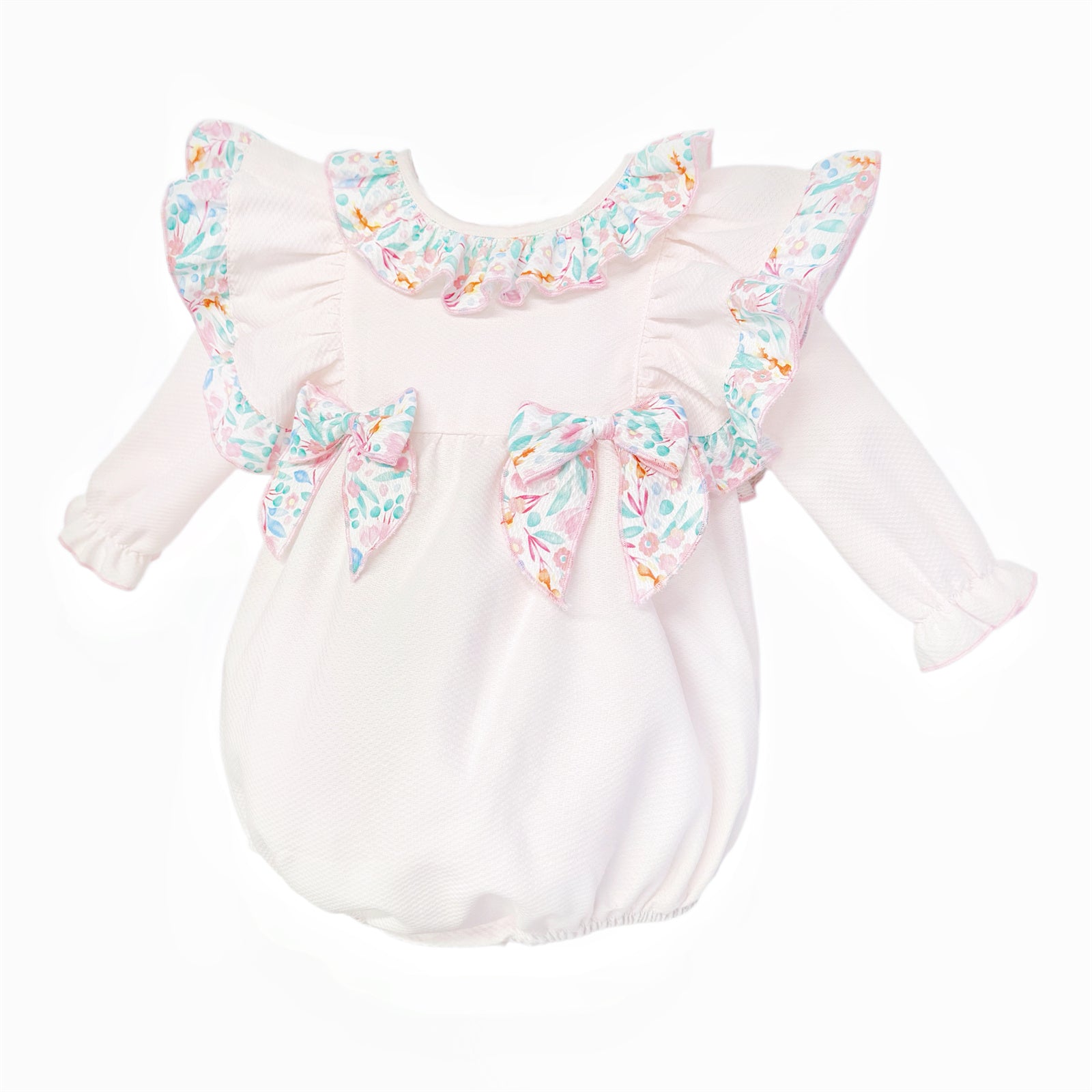 Baby Girls Pale Pink Floral Ruffle Romper with Bows, alternate view 1