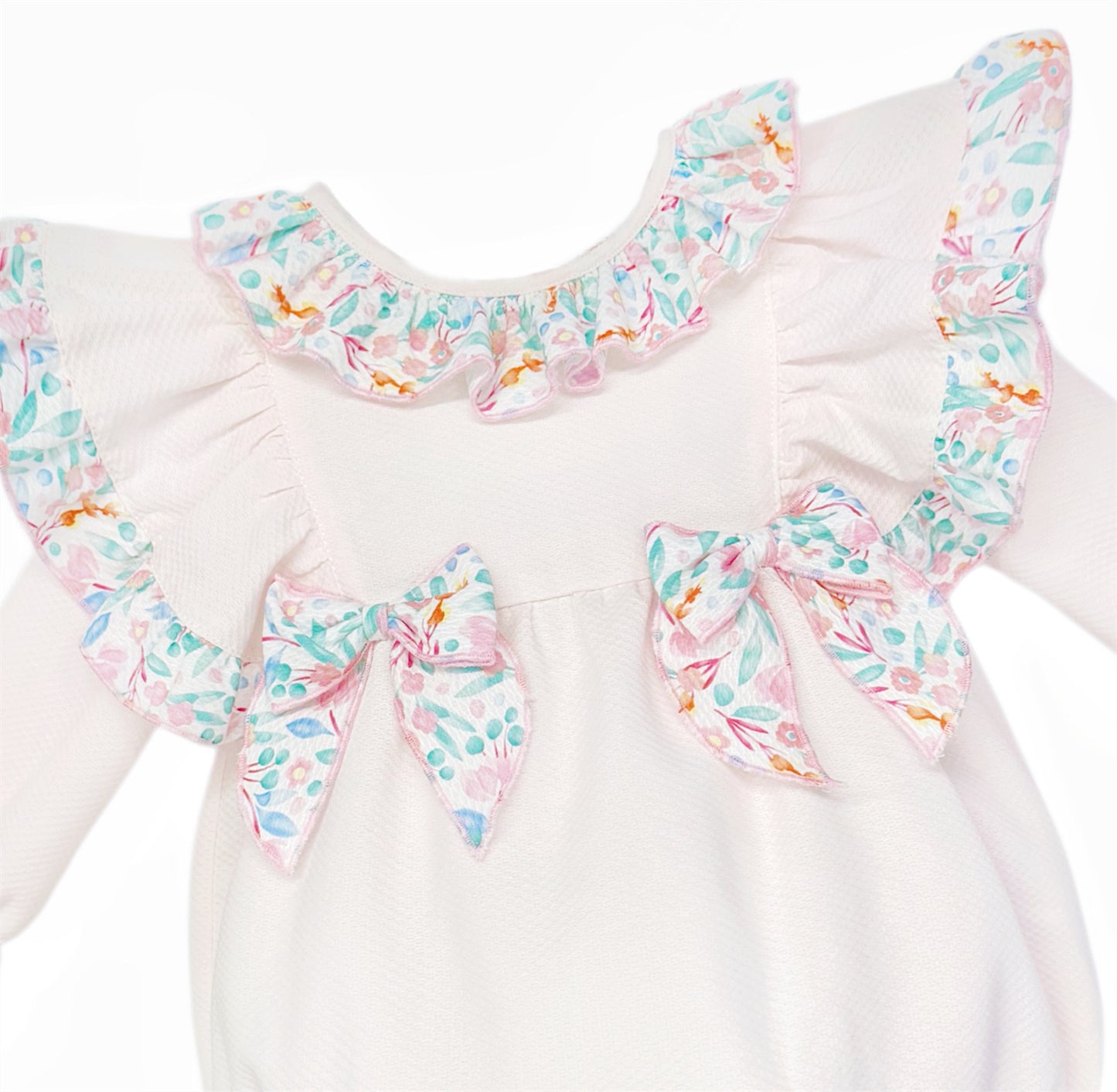 Baby Girls Pale Pink Floral Ruffle Romper with Bows, detail view