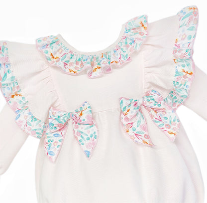 Baby Girls Pale Pink Floral Ruffle Romper with Bows, detail view