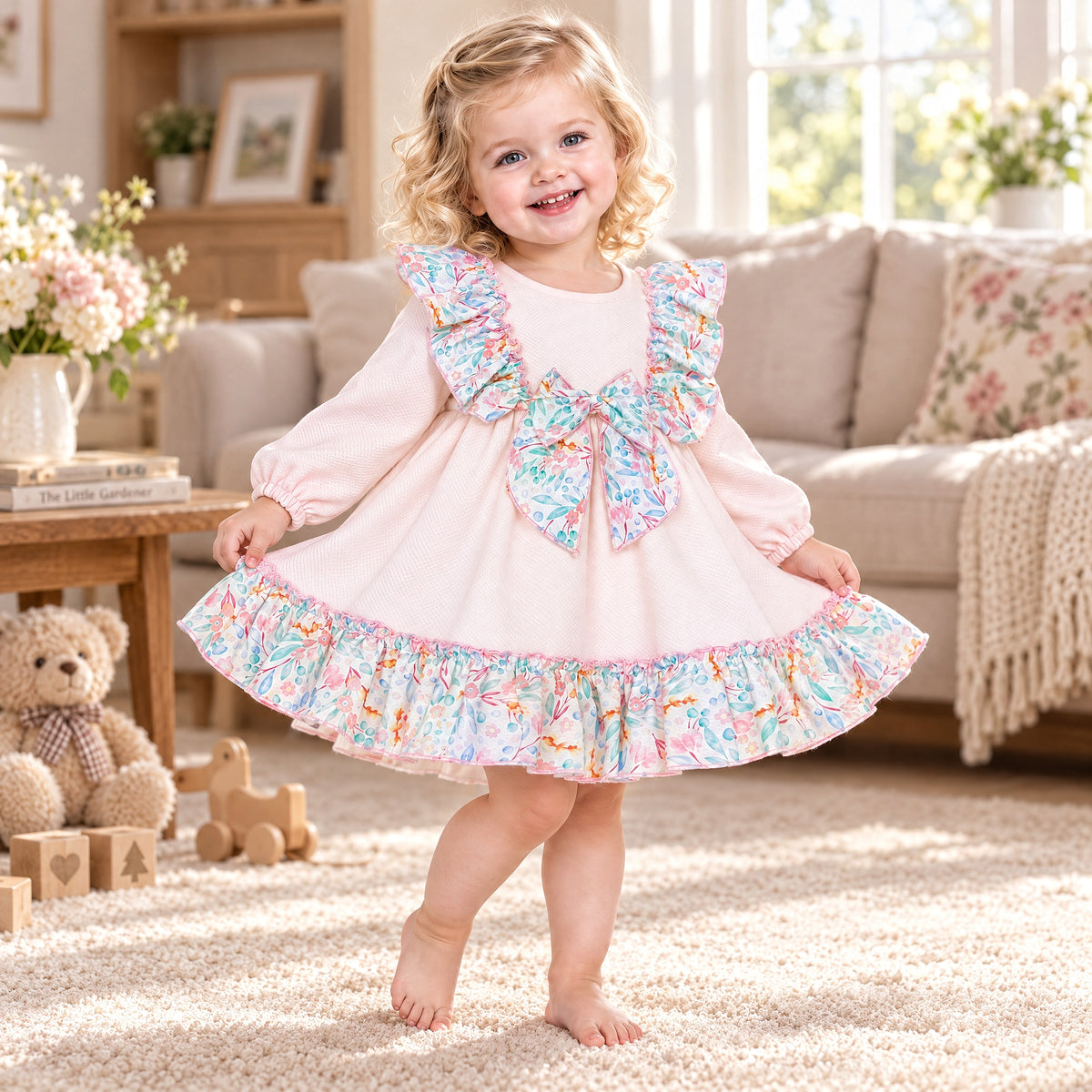 Baby Girls Pale Pink Floral Ruffle Dress with Back Bow