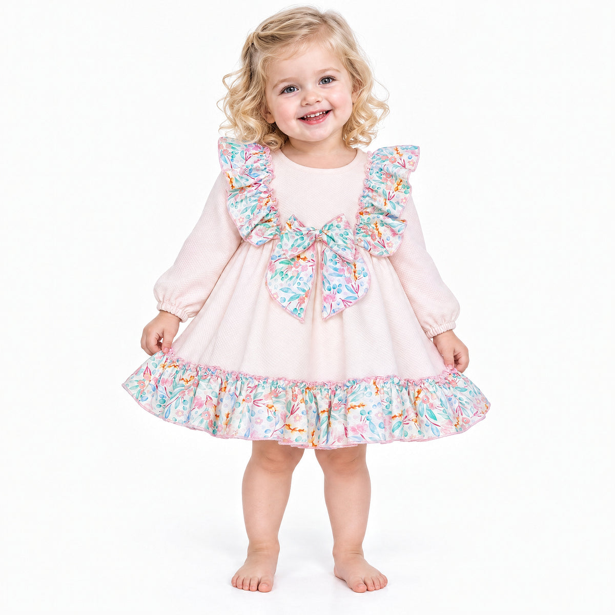 Baby Girls Pale Pink Floral Ruffle Dress with Back Bow