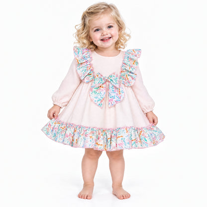 Baby Girls Pale Pink Floral Ruffle Dress with Back Bow