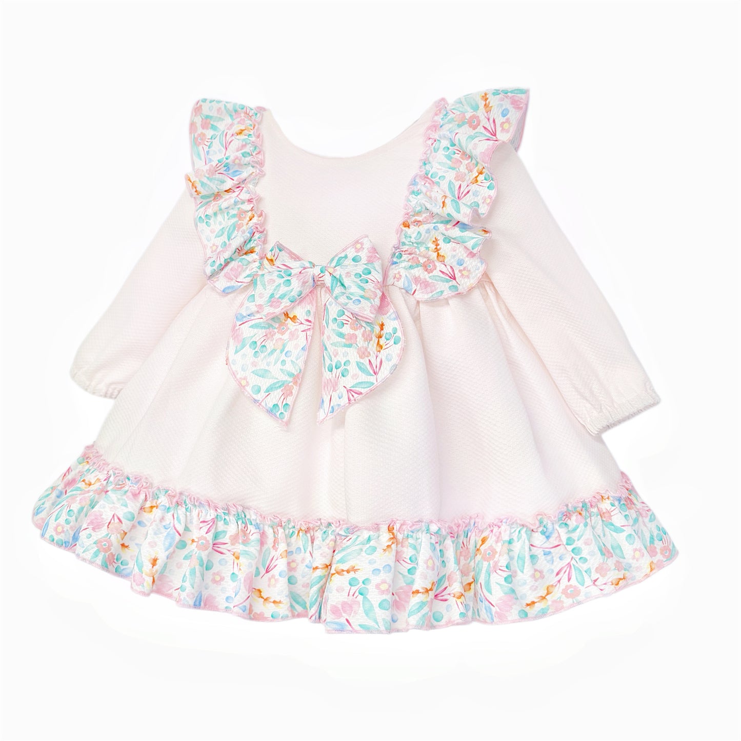 Baby Girls Pale Pink Floral Ruffle Dress with Back Bow, alternate view 1