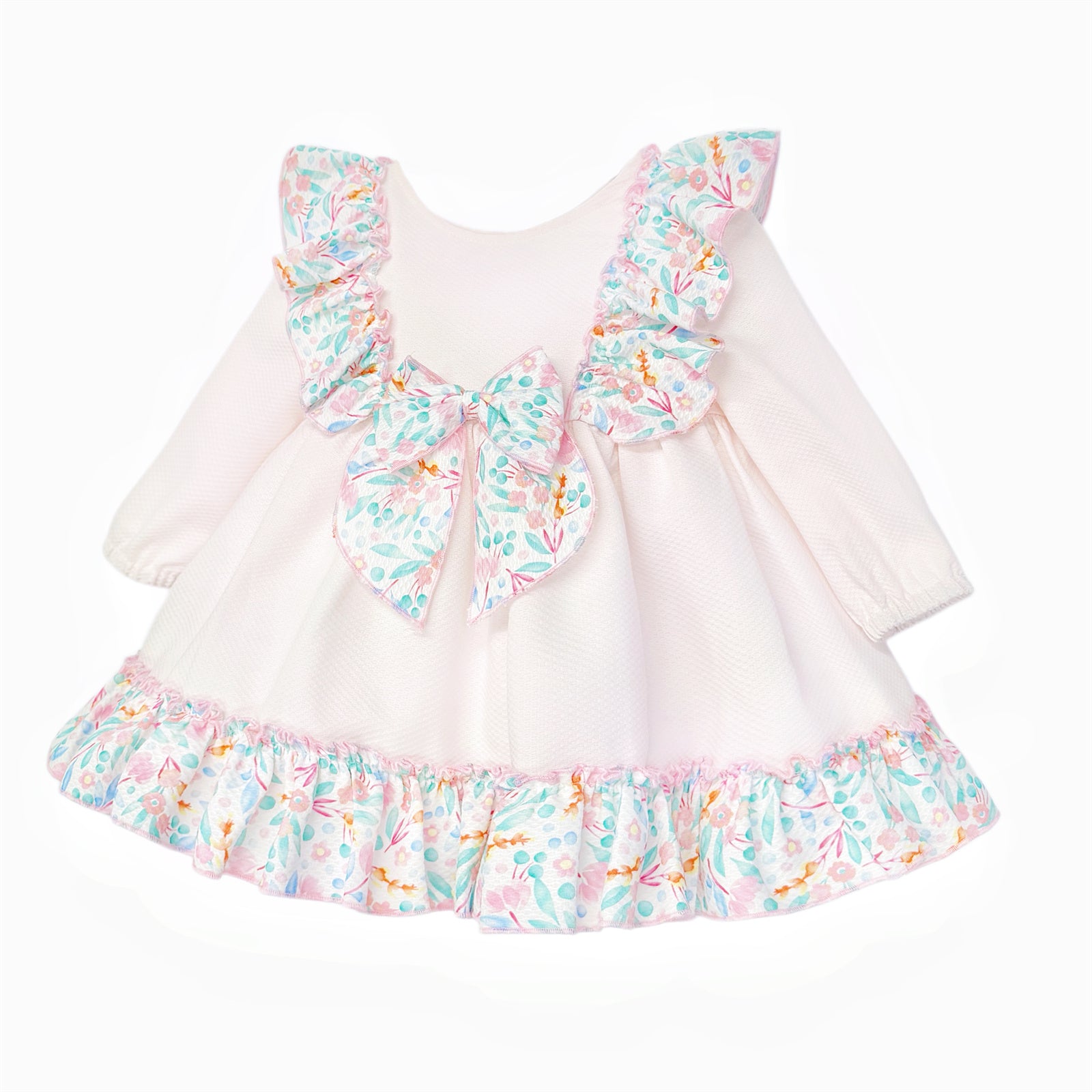 Baby Girls Pale Pink Floral Ruffle Dress with Back Bow, alternate view 1