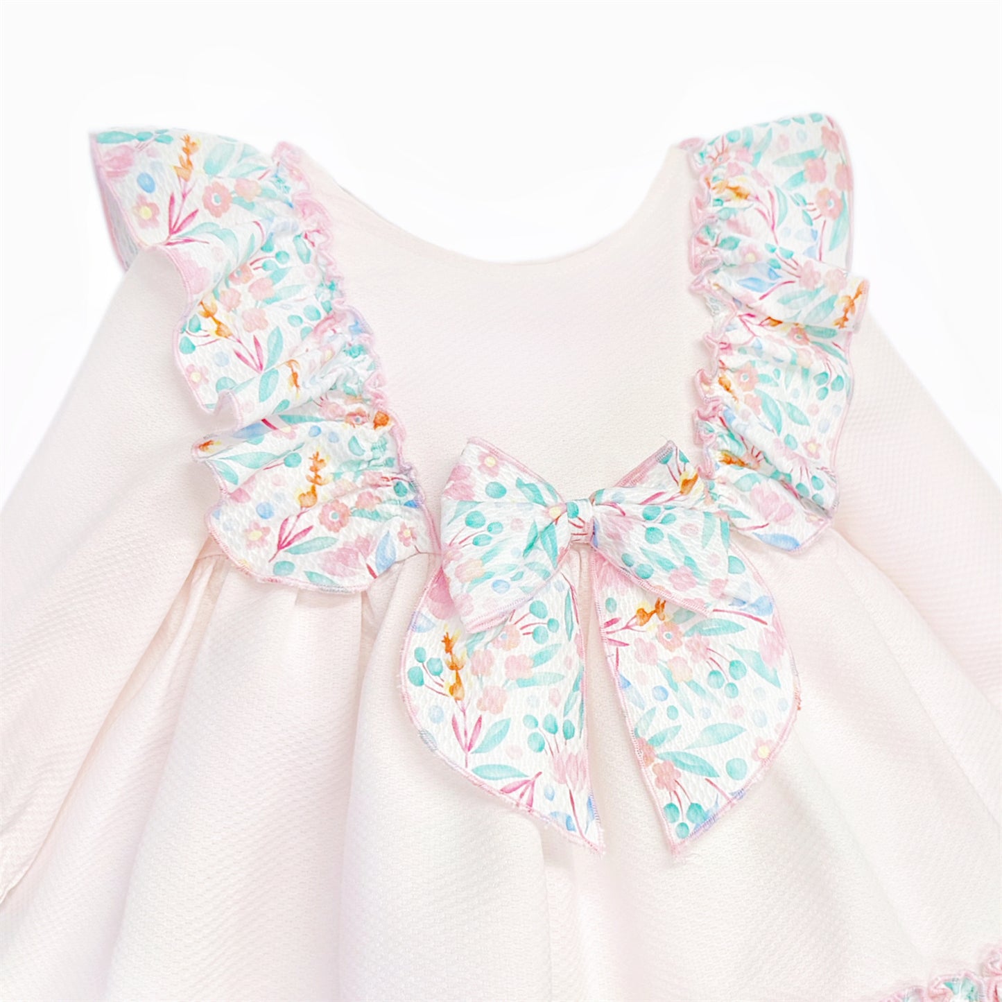 Baby Girls Pale Pink Floral Ruffle Dress with Back Bow, detail view