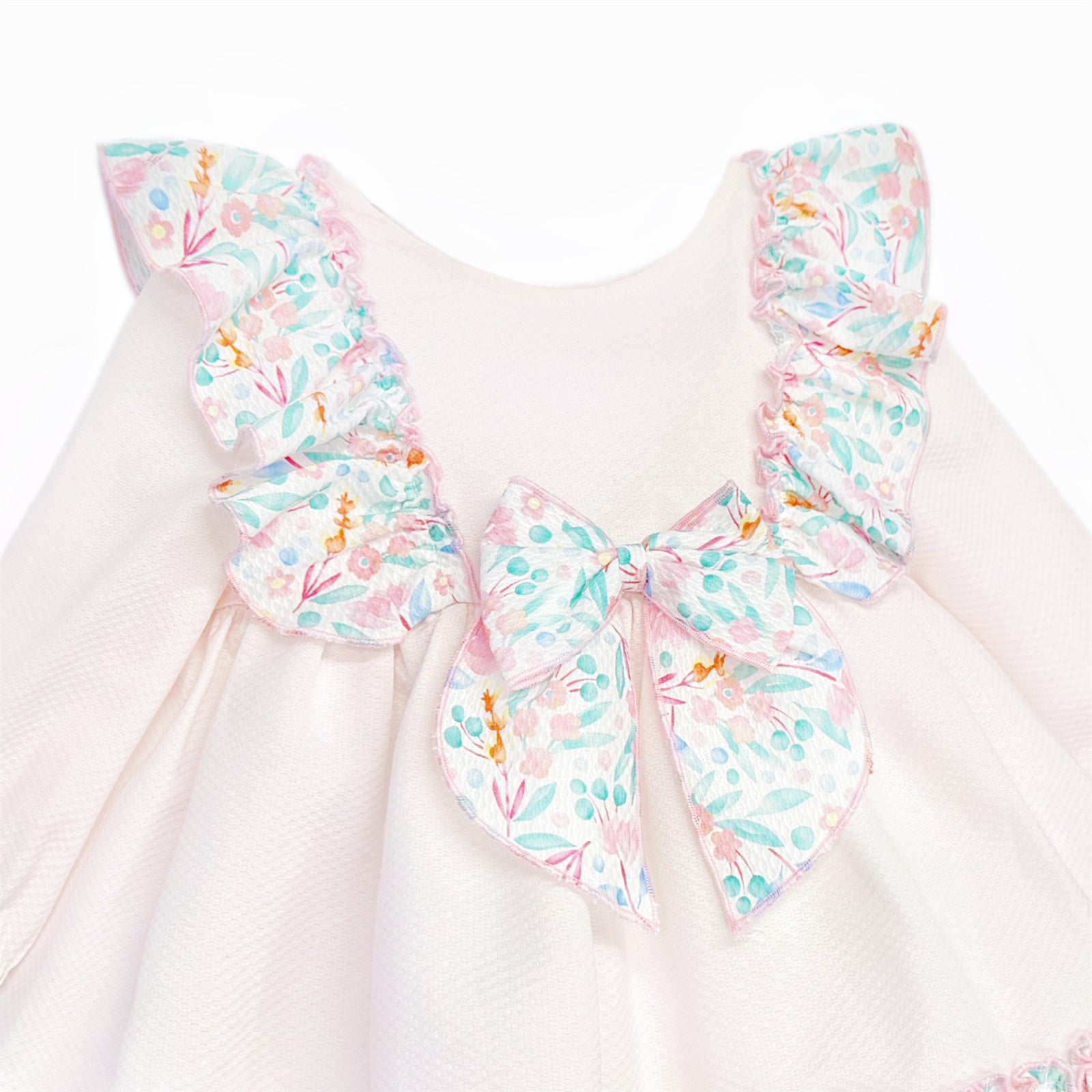Baby Girls Pale Pink Floral Ruffle Dress with Back Bow, detail view