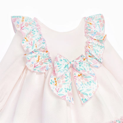 Baby Girls Pale Pink Floral Ruffle Dress with Back Bow, detail view