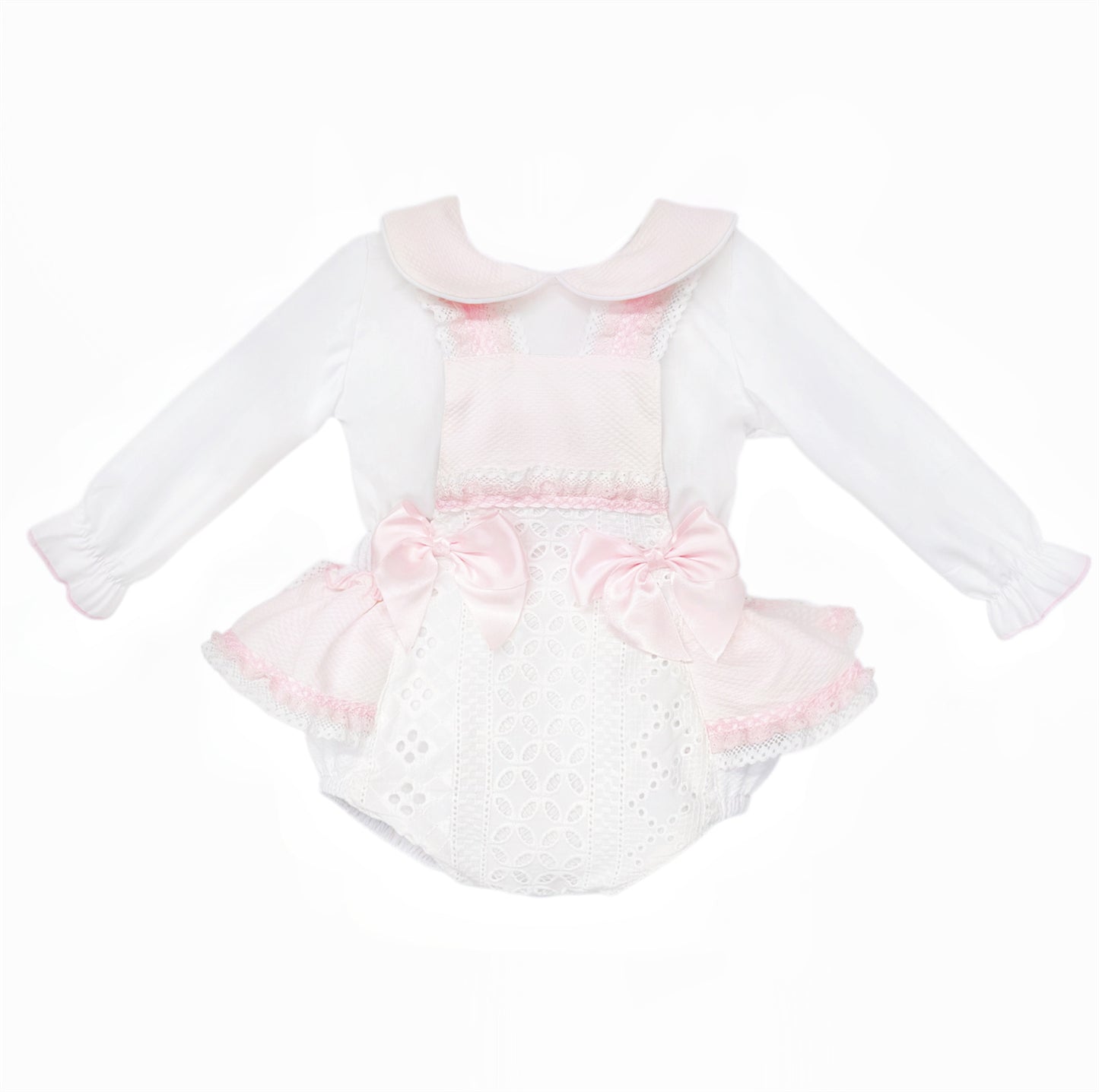 Baby Girls Pale Pink Broderie Romper and White Shirt Set