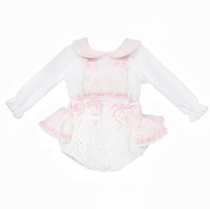 Baby Girls Pale Pink Broderie Romper and White Shirt Set