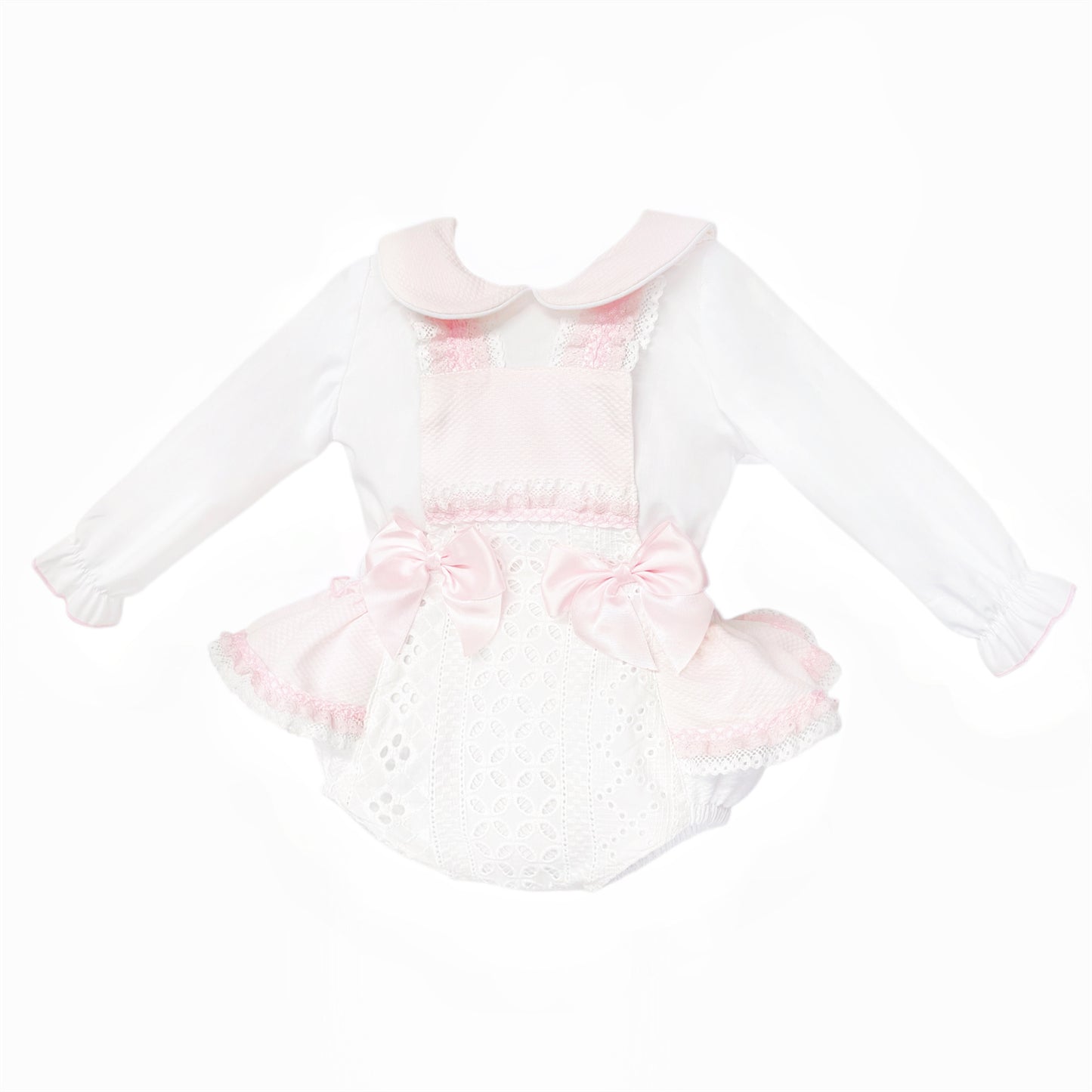 Baby Girls Pale Pink Broderie Romper and White Shirt Set, alternate view 1