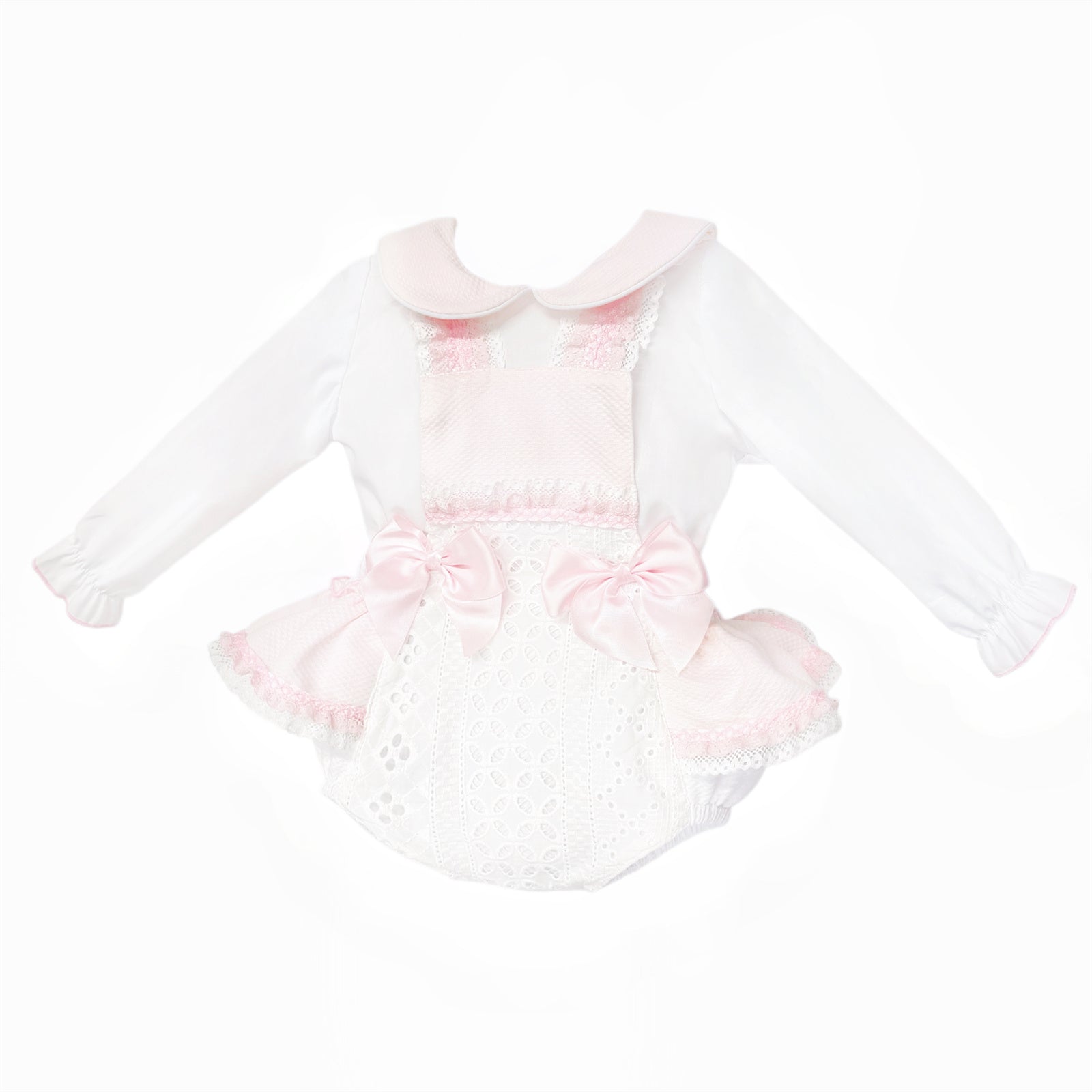 Baby Girls Pale Pink Broderie Romper and White Shirt Set, alternate view 1