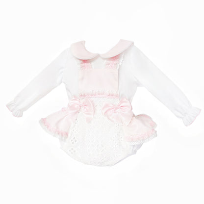 Baby Girls Pale Pink Broderie Romper and White Shirt Set, alternate view 1