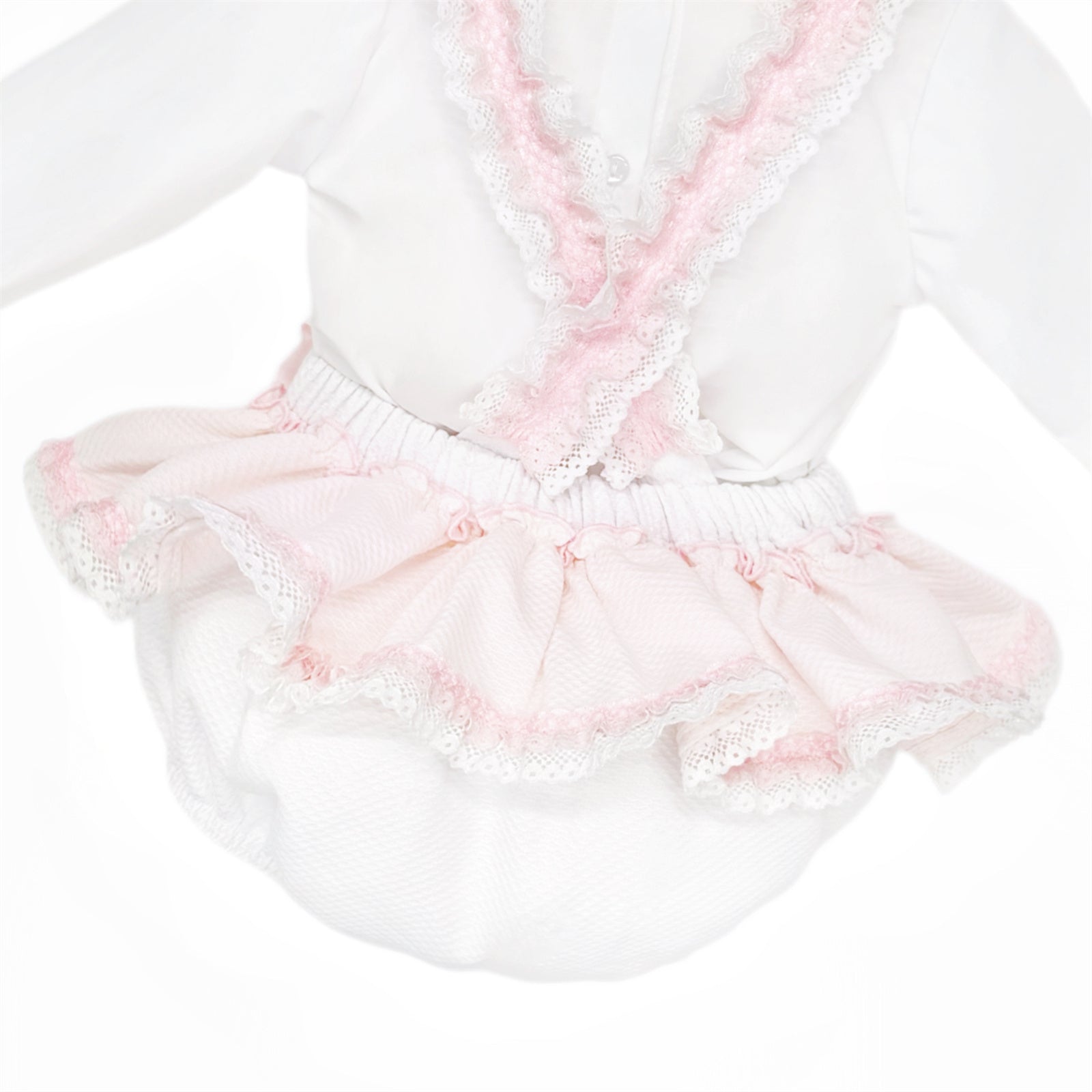 Baby Girls Pale Pink Broderie Romper and White Shirt Set, detail view
