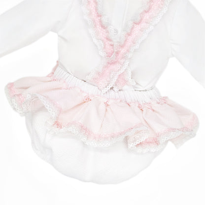 Baby Girls Pale Pink Broderie Romper and White Shirt Set, detail view
