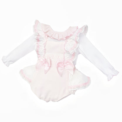 Baby Girls Pale Pink Ruffle Romper and White Shirt Set, alternate view 1