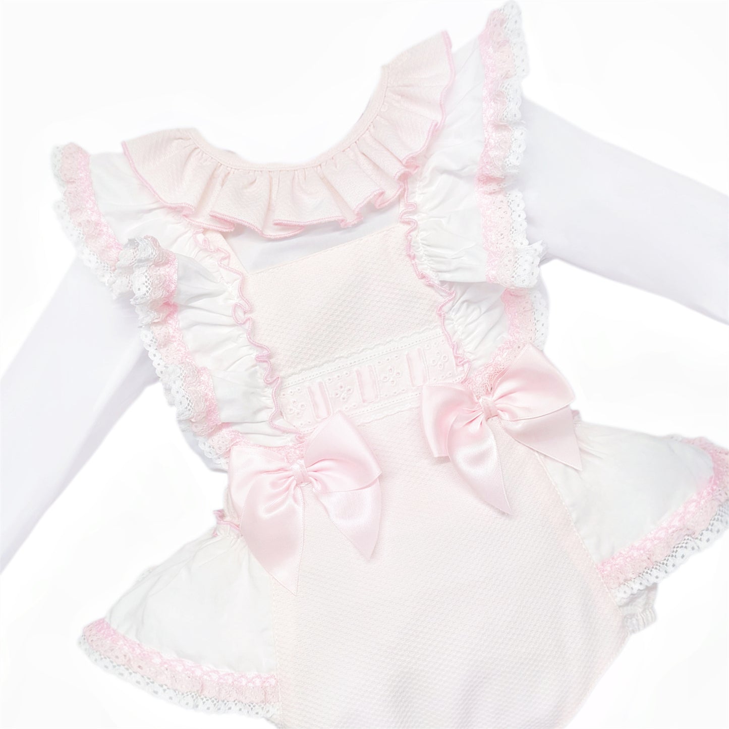 Baby Girls Pale Pink Ruffle Romper and White Shirt Set, detail view