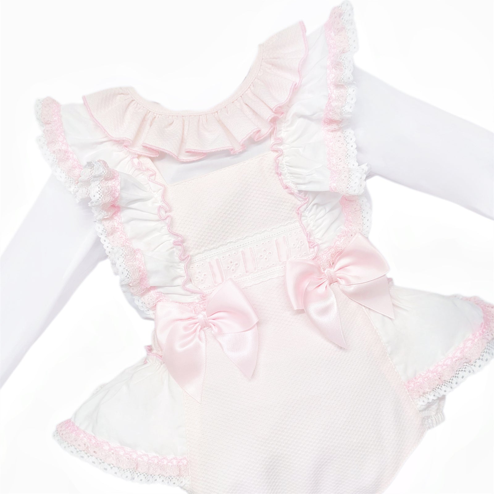 Baby Girls Pale Pink Ruffle Romper and White Shirt Set, detail view
