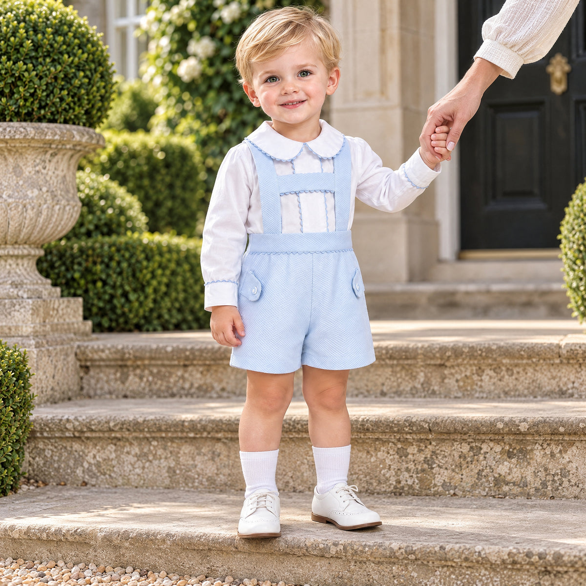 Baby Boys Pale Blue Pique Dungaree Shorts and Shirt Set