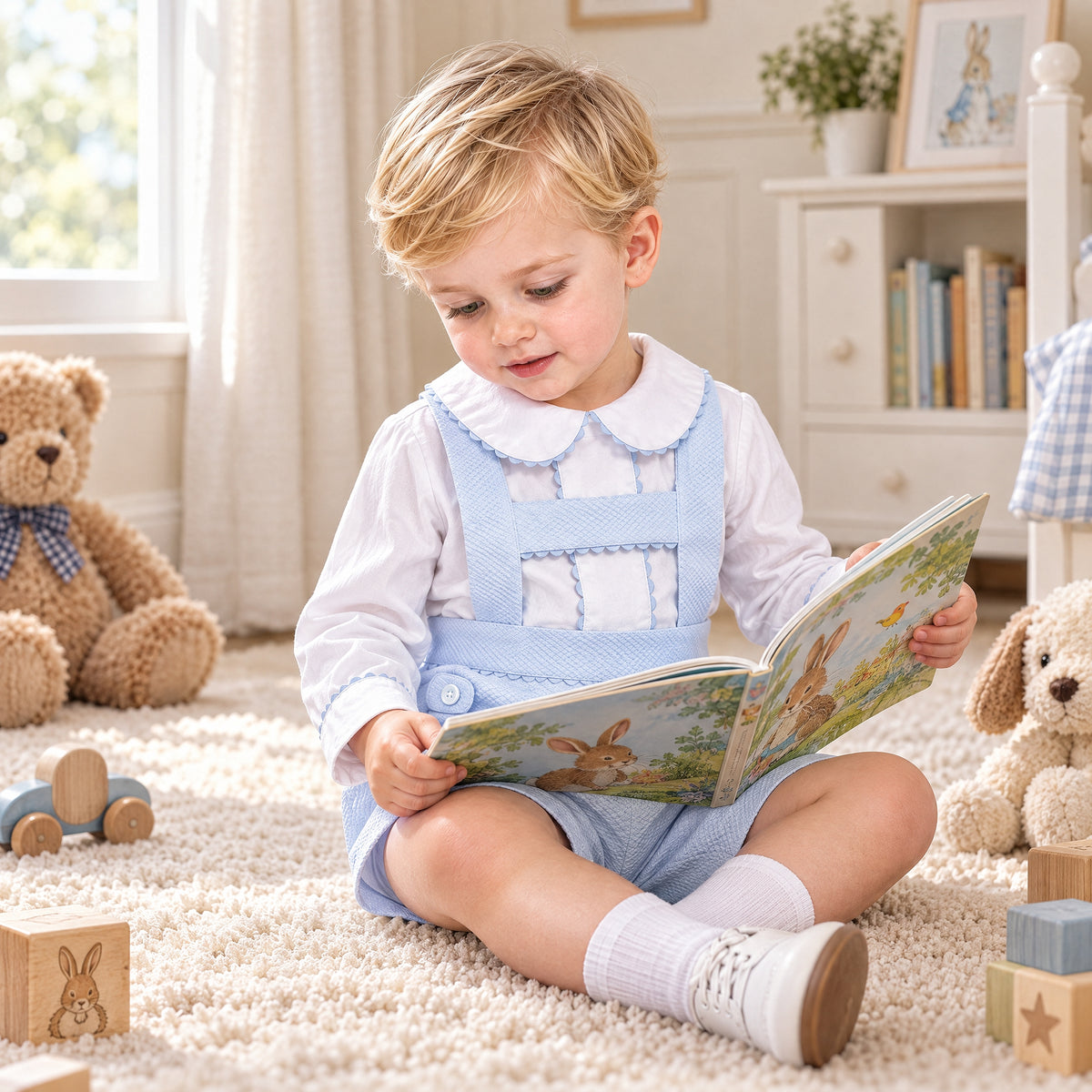 Baby Boys Pale Blue Pique Dungaree Shorts and Shirt Set