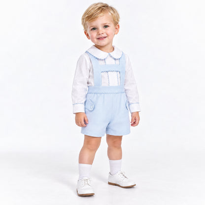 Baby Boys Pale Blue Pique Dungaree Shorts and Shirt Set