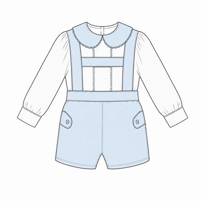 Baby Boys Pale Blue Pique Dungaree Shorts and Shirt Set