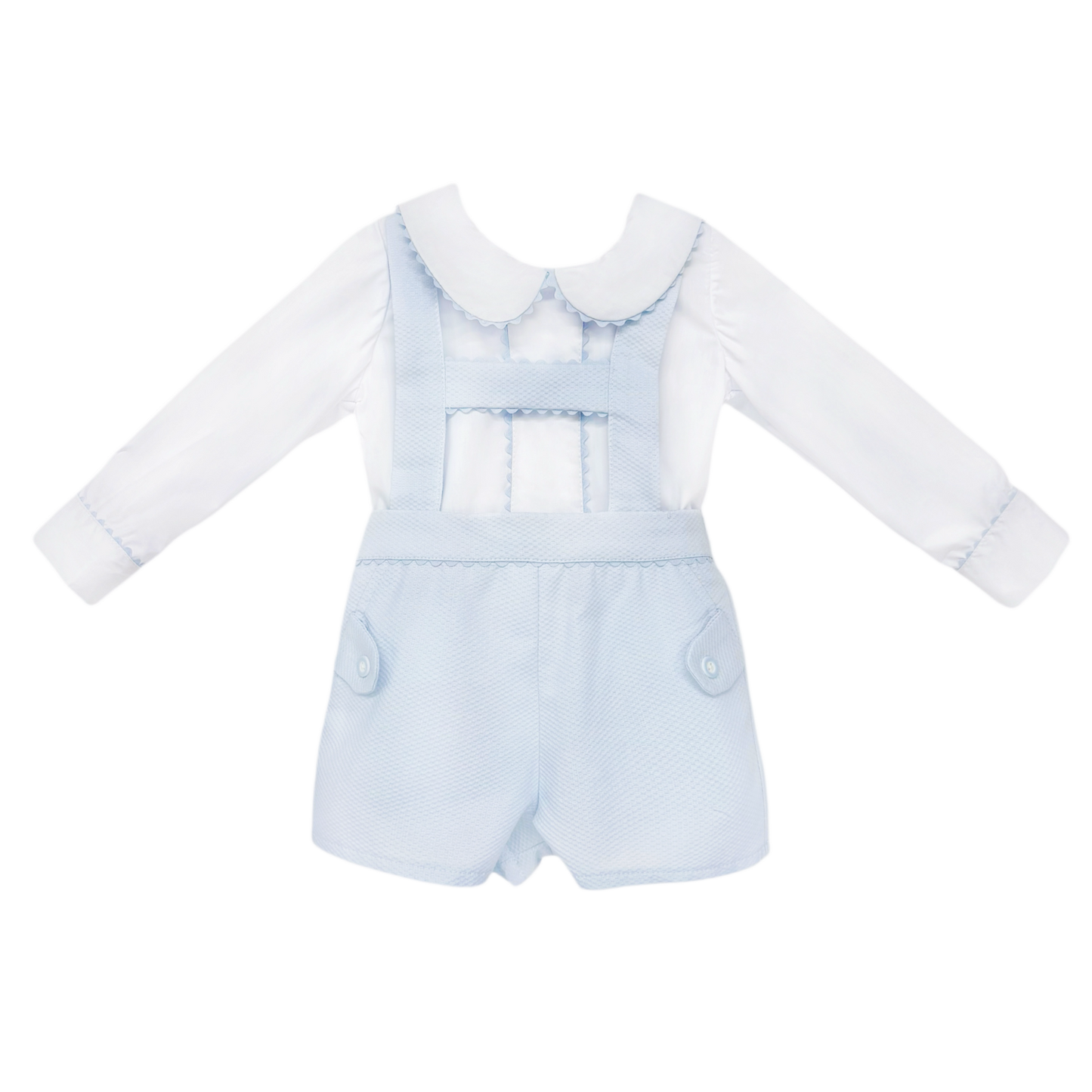 Baby Boys Pale Blue Pique Dungaree Shorts and Shirt Set, product photo front view